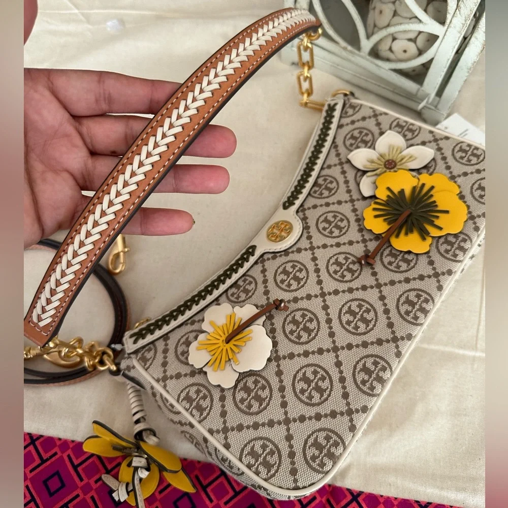 New Tory Burch 🌼 T MONOGRAM BRAIDED FLORAL STUDIO HAZELNUT - Picture 8 of 13